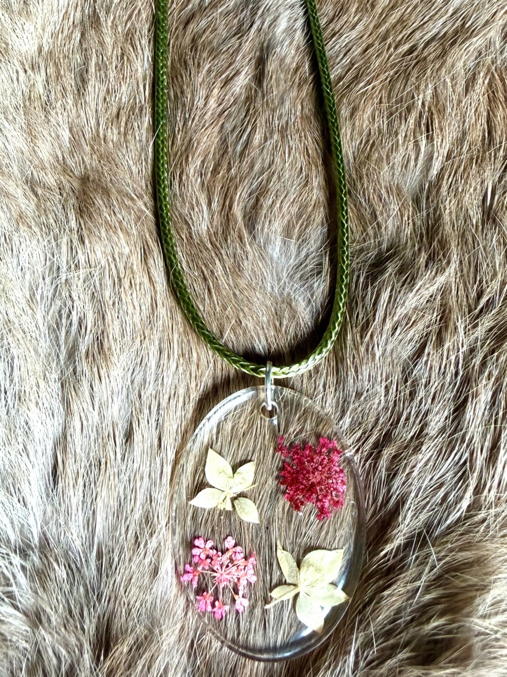 Handmade Green Cord Necklace with Pink Pressed Flowers Pendant